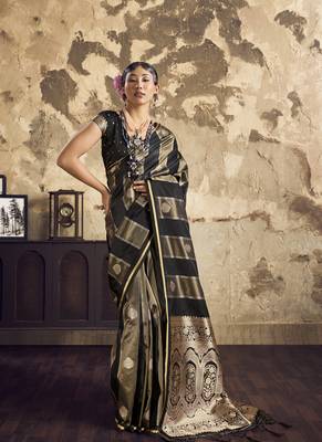 Black satin dual tone handloom weaving  festival wear saree 2