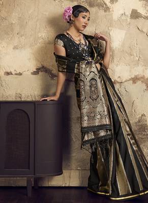 Black satin dual tone handloom weaving  festival wear saree 3