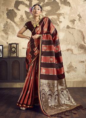Brown satin dual tone handloom weaving  festival wear saree 1