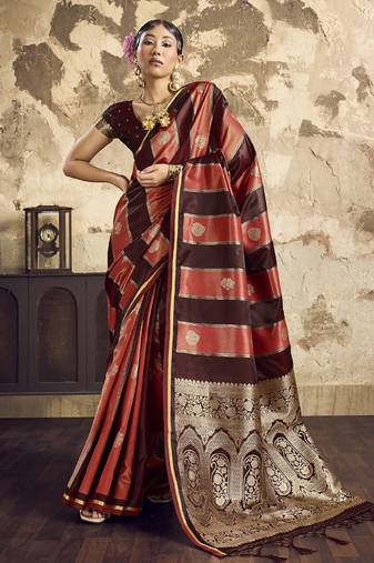 Brown satin dual tone handloom weaving  festival wear saree