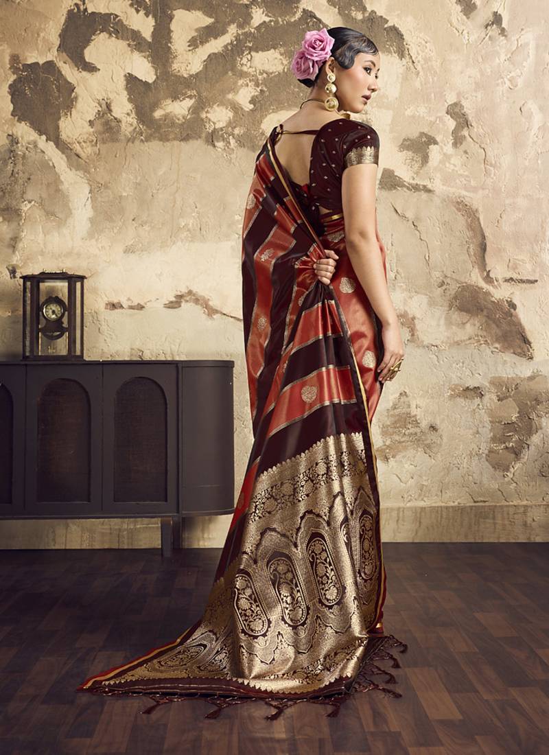 Brown satin dual tone handloom weaving  festival wear saree