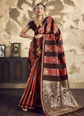 Brown satin dual tone handloom weaving  festival wear saree 4