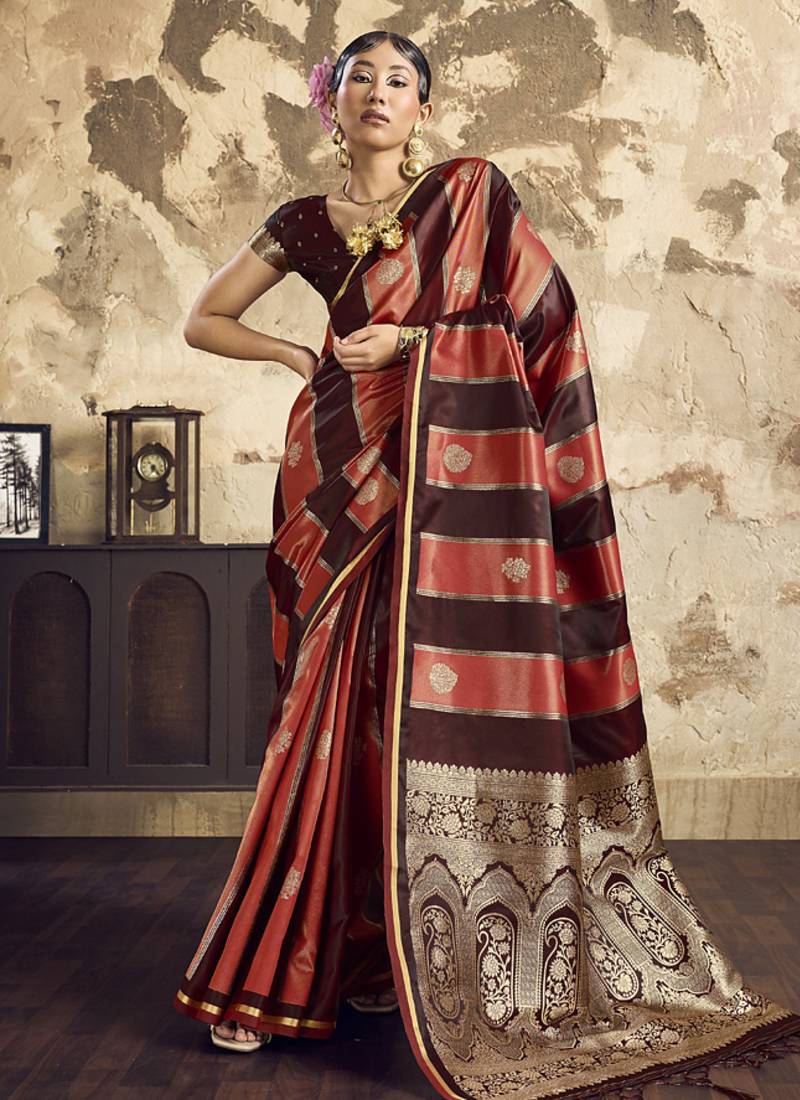 Brown satin dual tone handloom weaving  festival wear saree