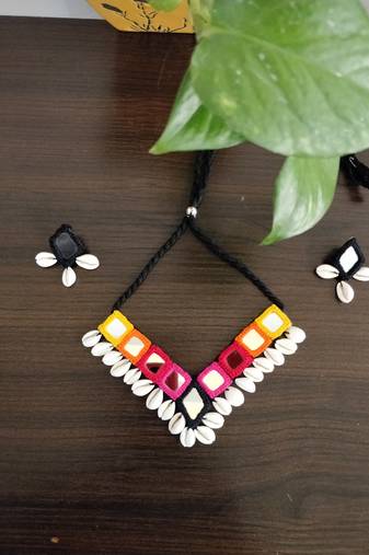 Handcrafted V-Shaped Multicolour Mirror & Cowrie Shell Tribal Necklace Set