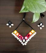 Handcrafted V-Shaped Multicolour Mirror & Cowrie Shell Tribal Necklace Set