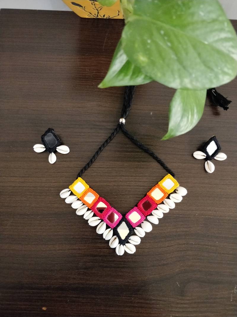 Handcrafted V-Shaped Multicolour Mirror & Cowrie Shell Tribal Necklace Set