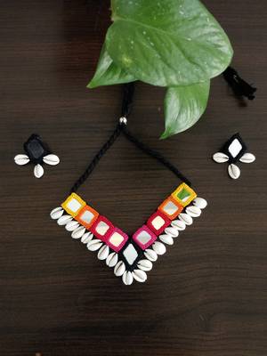 Handcrafted V-Shaped Multicolour Mirror & Cowrie Shell Tribal Necklace Set 2