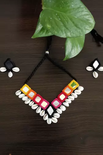 Handcrafted V-Shaped Multicolour Mirror & Cowrie Shell Tribal Necklace Set
