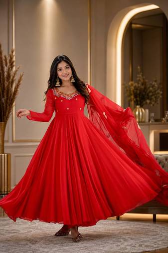 Red Georgette Fully Flared Embroidery Sequin work  3pc Suit 