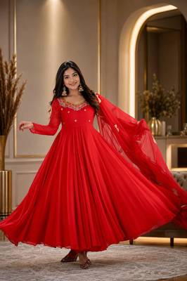 Red Georgette Fully Flared Embroidery Sequin work  3pc Suit  1