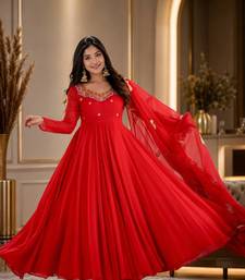 Red Georgette Fully Flared Embroidery Sequin work  3pc Suit 