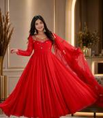 Red Georgette Fully Flared Embroidery Sequin work  3pc Suit 