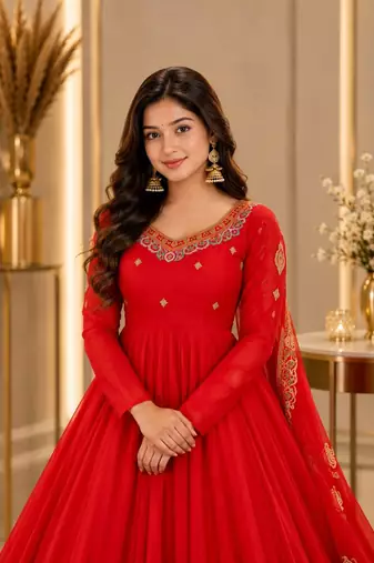 Red Georgette Fully Flared Embroidery Sequin work  3pc Suit 