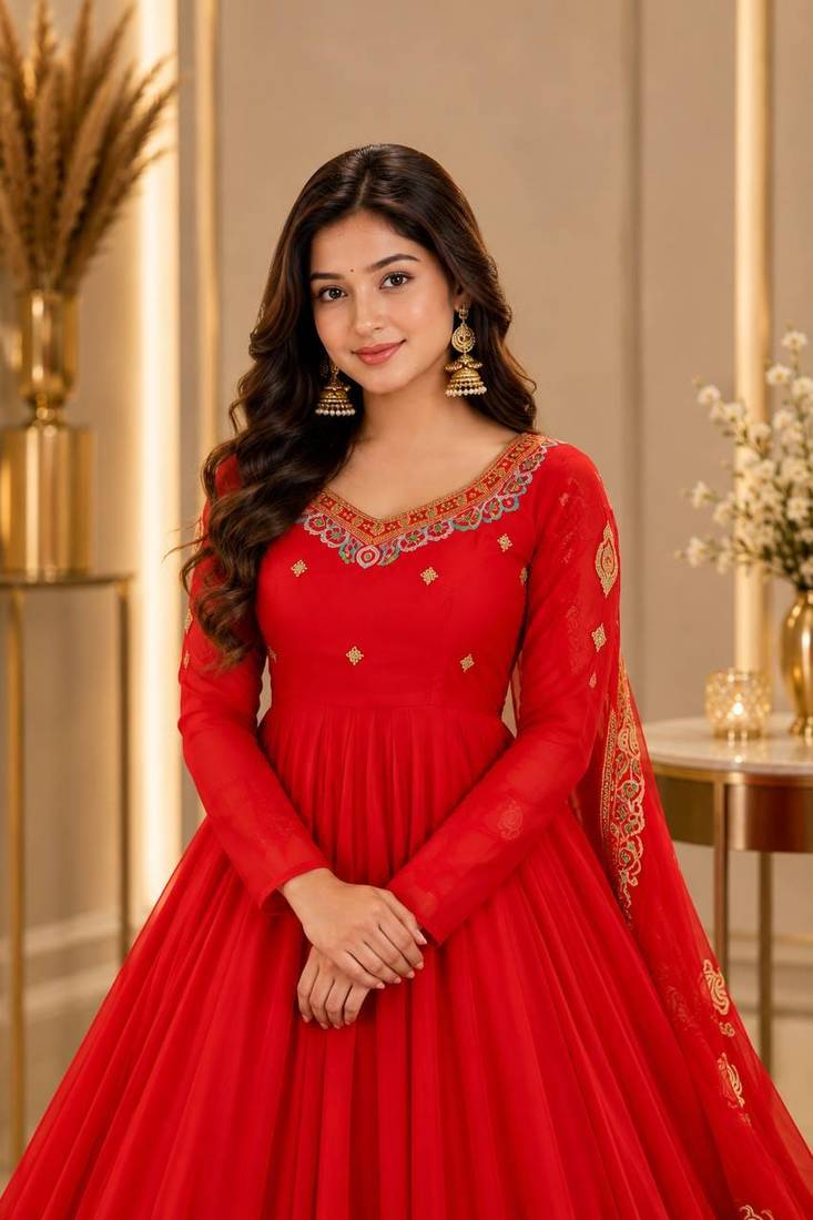 Red Georgette Fully Flared Embroidery Sequin work  3pc Suit 