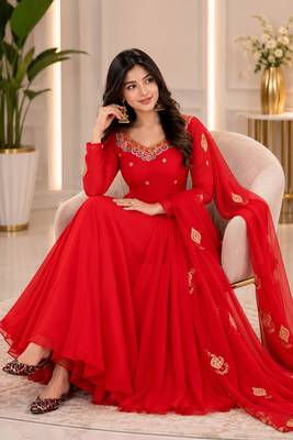 Red Georgette Fully Flared Embroidery Sequin work  3pc Suit  3