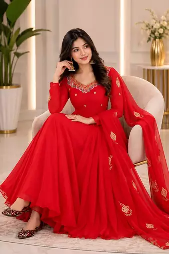 Red Georgette Fully Flared Embroidery Sequin work  3pc Suit 