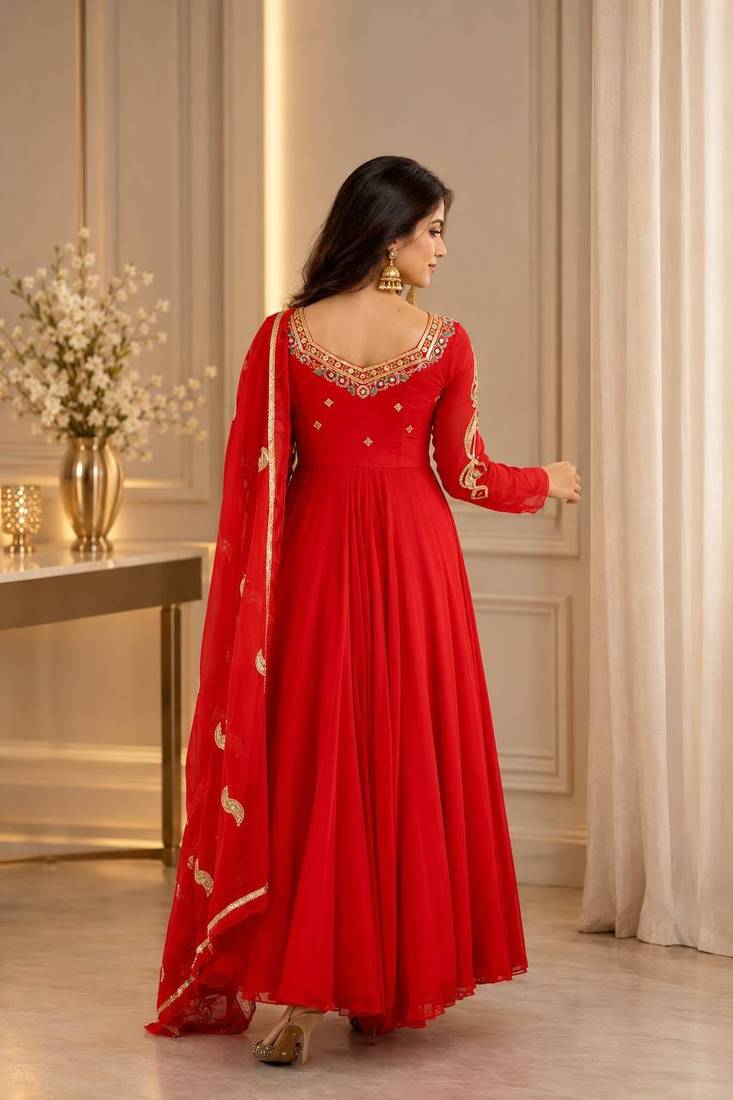 Red Georgette Fully Flared Embroidery Sequin work  3pc Suit 