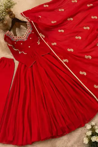 Red Georgette Fully Flared Embroidery Sequin work  3pc Suit 