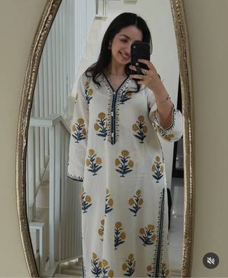 White Cotton Prosean Printed Kurta Palazzo and Dupatta 3pc set 1
