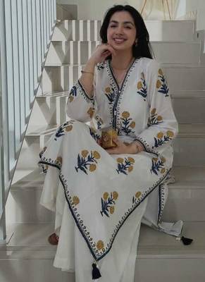 White Cotton Prosean Printed Kurta Palazzo and Dupatta 3pc set 2