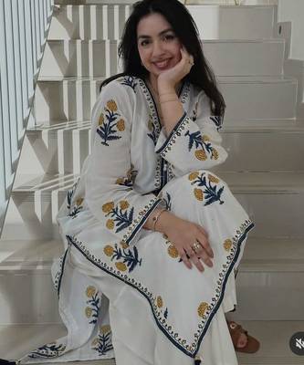 White Cotton Prosean Printed Kurta Palazzo and Dupatta 3pc set 3