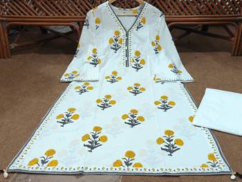 White Cotton Prosean Printed Kurta Palazzo and Dupatta 3pc set 5