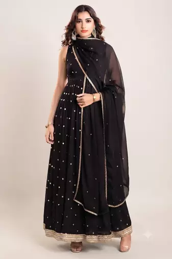 Black georgette embroidered sequins work ethnic kurta set with dupatta