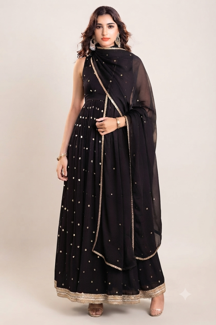Black georgette embroidered sequins work ethnic kurta set with dupatta