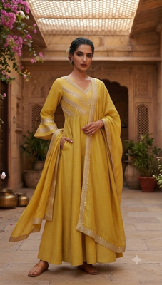 Mustard silk cotton plain zari woven ethnic kurta set with dupatta 1