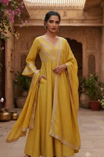 Mustard silk cotton plain zari woven ethnic kurta set with dupatta