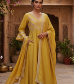 Mustard silk cotton plain zari woven ethnic kurta set with dupatta