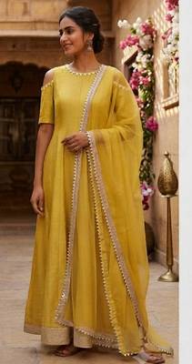 Mustard silk cotton plain zari woven ethnic kurta set with dupatta 1