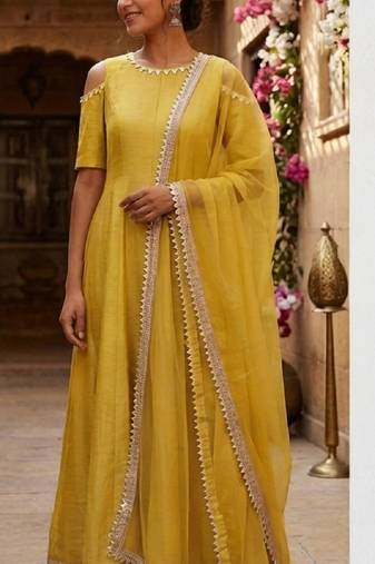 Mustard silk cotton plain zari woven ethnic kurta set with dupatta