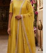 Mustard silk cotton plain zari woven ethnic kurta set with dupatta