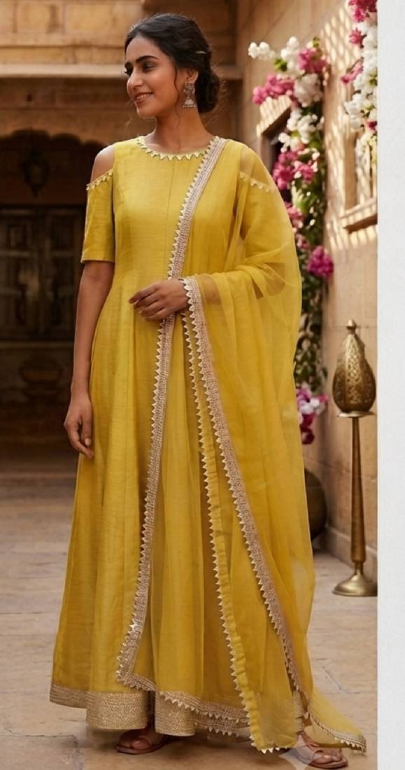 Mustard silk cotton plain zari woven ethnic kurta set with dupatta