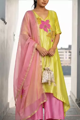 Yellow silk cotton embroidered patch work ethnic kurta set with dupatta