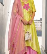 Yellow silk cotton embroidered patch work ethnic kurta set with dupatta