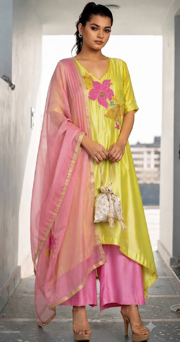 Yellow silk cotton embroidered patch work ethnic kurta set with dupatta