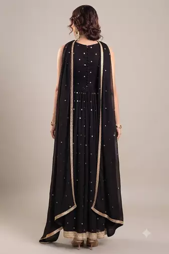 Black georgette embroidered sequins work ethnic kurta set with dupatta