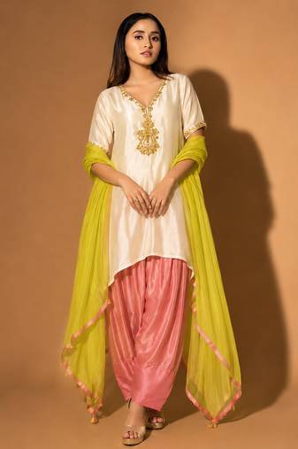 Ivory silk blend embroidered hand embroidery ethnic kurta set with dupatta