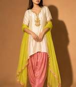 Ivory silk blend embroidered hand embroidery ethnic kurta set with dupatta