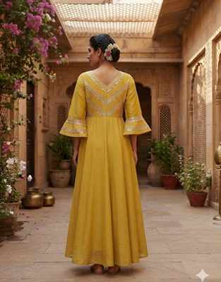 Mustard silk cotton plain zari woven ethnic kurta set with dupatta 2