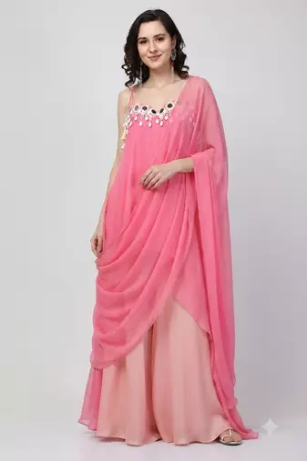 Dark pink georgette embroidered mirror work ethnic kurta set with dupatta