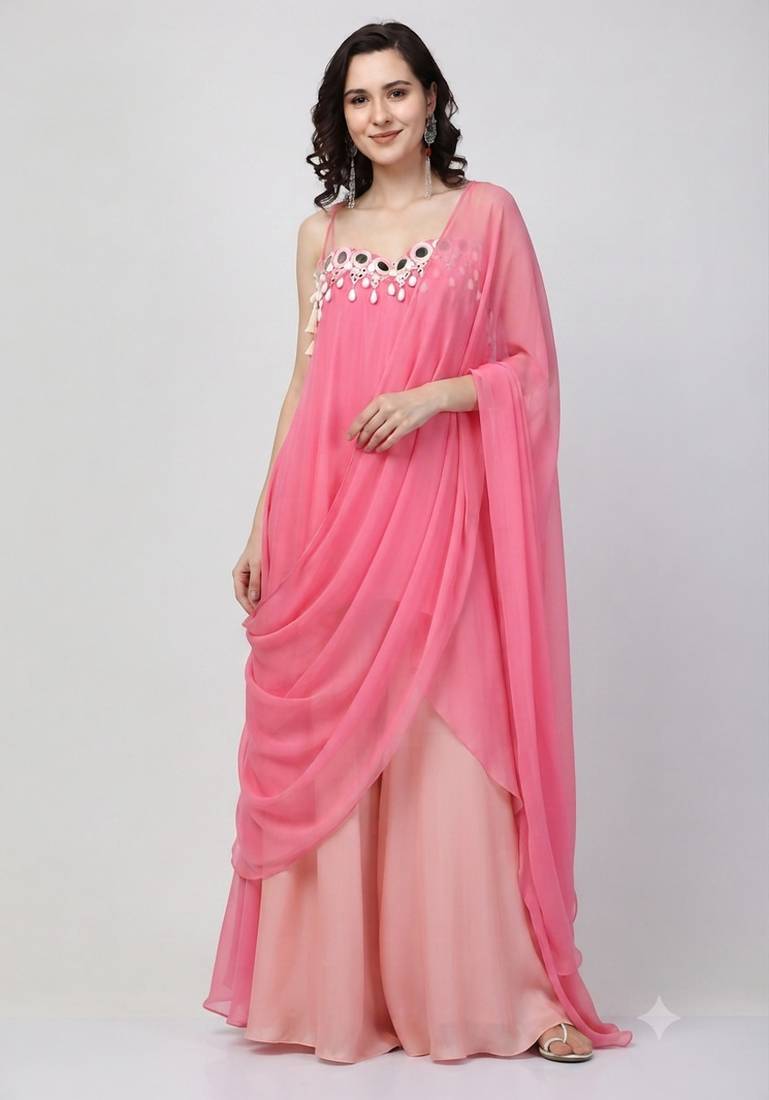 Dark pink georgette embroidered mirror work ethnic kurta set with dupatta