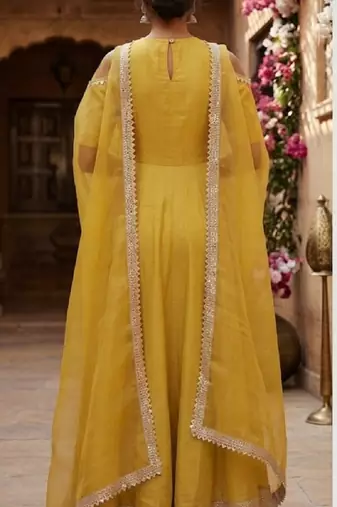Mustard silk cotton plain zari woven ethnic kurta set with dupatta