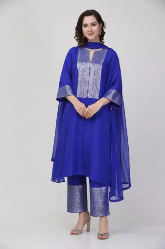 Royal-blue georgette embroidered zari woven ethnic kurta set with dupatta