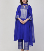 Royal-blue georgette embroidered zari woven ethnic kurta set with dupatta