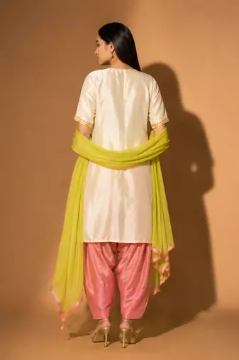 Ivory silk blend embroidered hand embroidery ethnic kurta set with dupatta