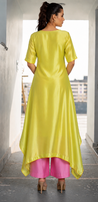 Yellow silk cotton embroidered patch work ethnic kurta set with dupatta 2