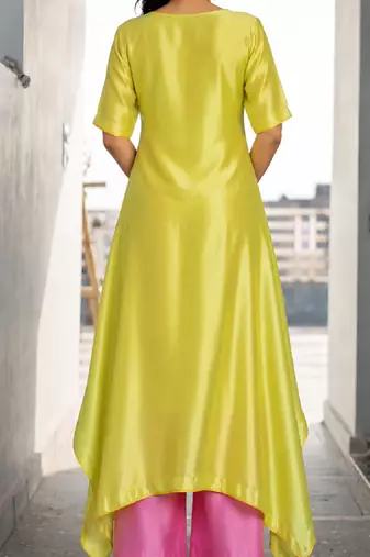 Yellow silk cotton embroidered patch work ethnic kurta set with dupatta